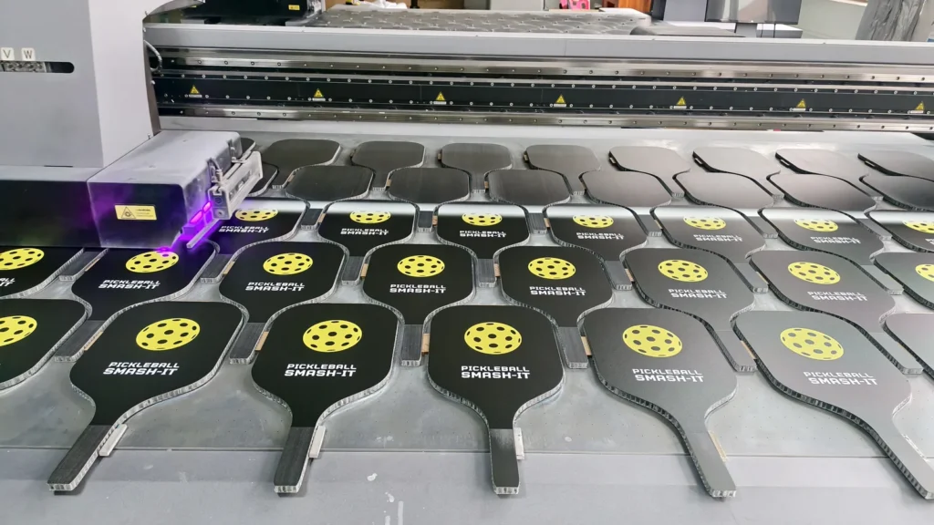 UV printing setup for custom pickleball paddle face graphics
