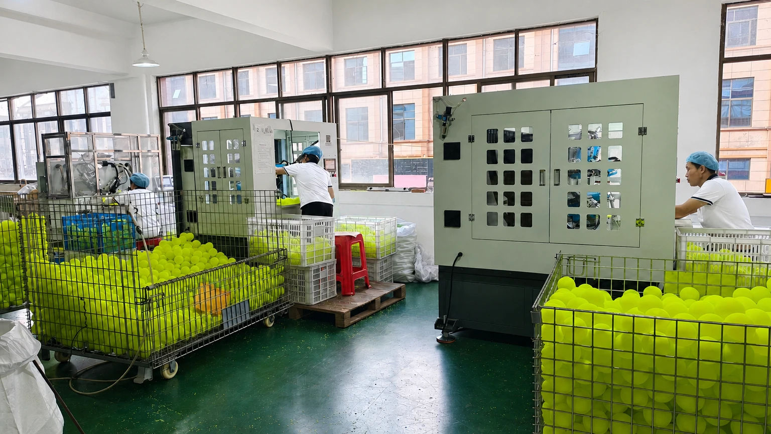 Automated multi-axis drilling machine creating balanced 40-hole aerodynamic patterns on USAPA outdoor pickleballs