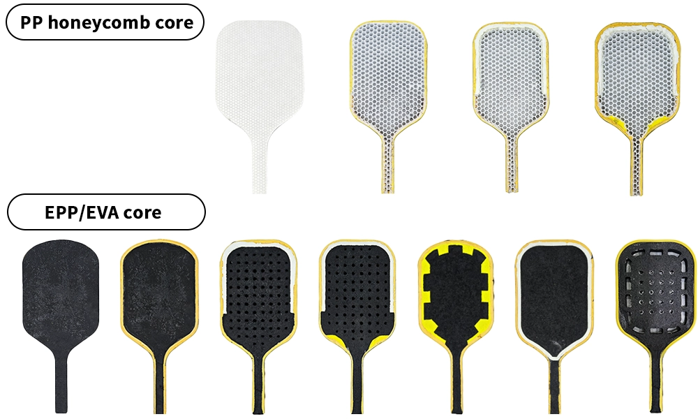 Customizable pickleball paddle core structures featuring polymer honeycomb, EPP, EVA, and Tru Foam for optimal power and control