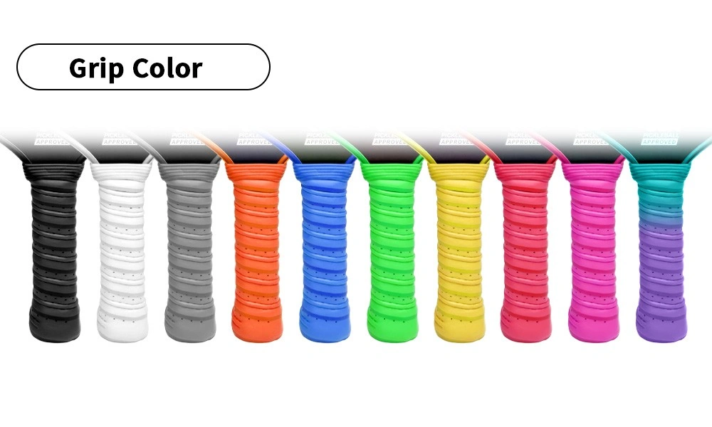 Perforated sweat-absorbent non-slip overgrip tape options in custom colors and branded textures for pickleball paddles