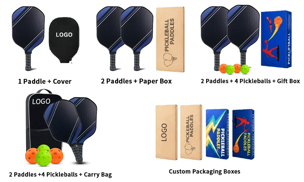 Custom retail packaging solutions including gift boxes, neoprene paddle covers, sling bags, and canvas tournament duffels
