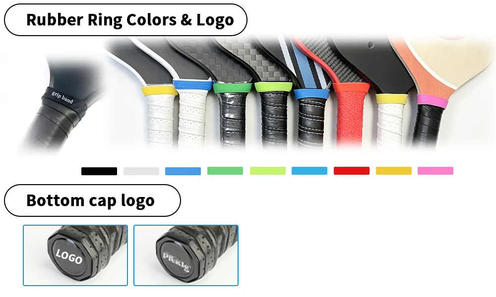 Custom branded silicone rubber collar rings and crystal silk-screened handle end caps for premium paddle finishing