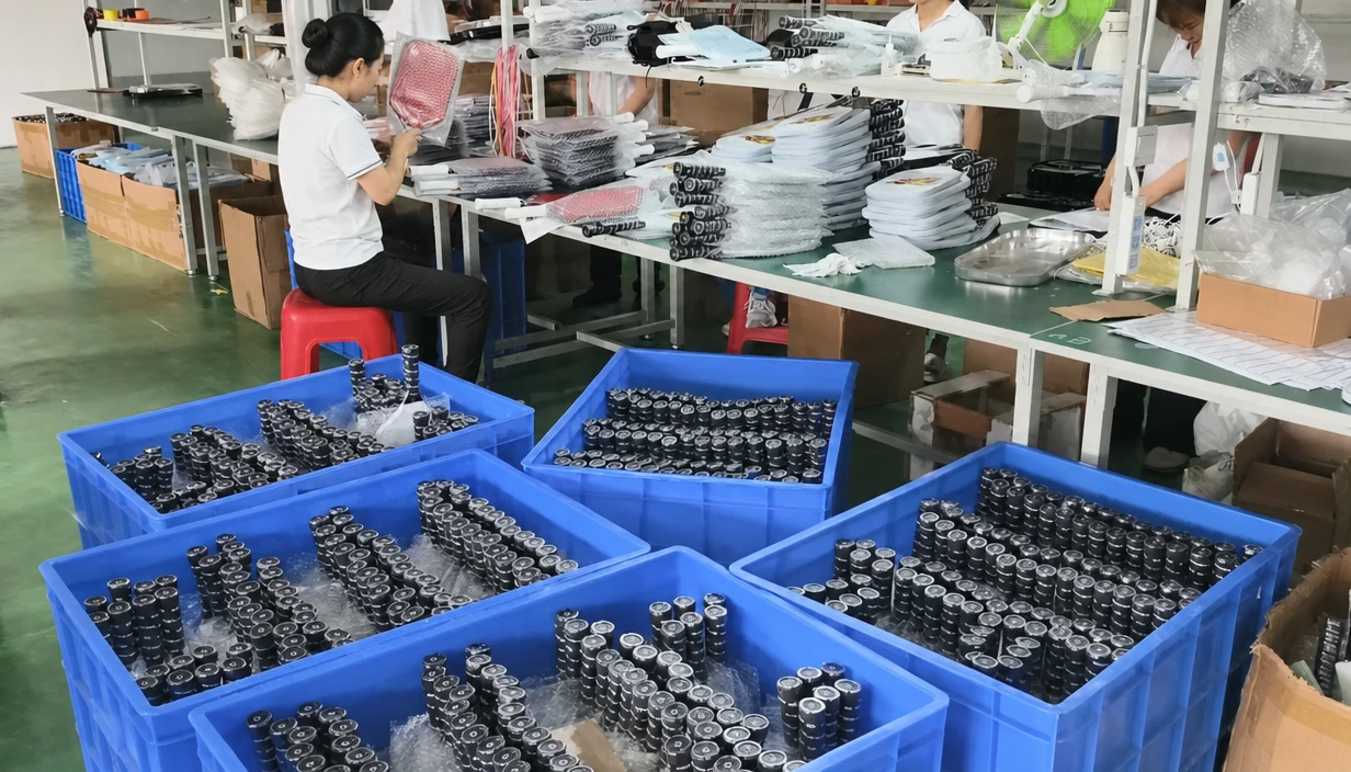Workers packaging finished pickleball paddles into individual clear protective polybags for scratch prevention before master carton packing