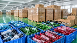 Wrapped pickleball paddles in blue crates beside palletized cartons in a factory storage area