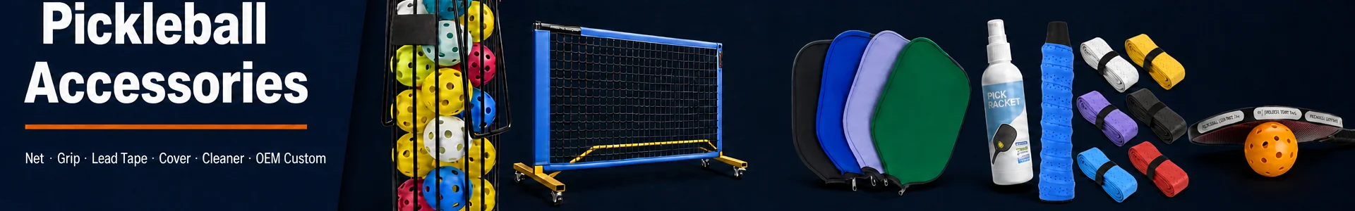 Pickleball paddle care accessories, portable nets, and court training equipment banner for wholesale buyers