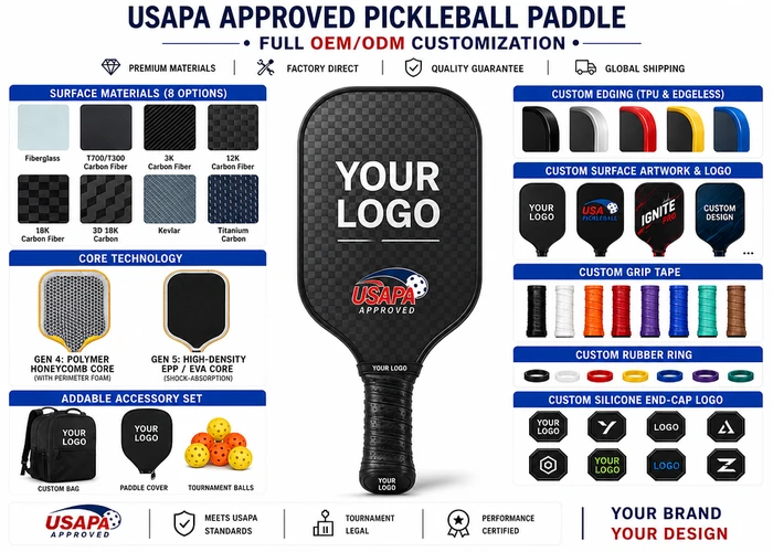 Chart showing pickleball paddle customization options for the face, core, edge guard, graphics, grip and accessories