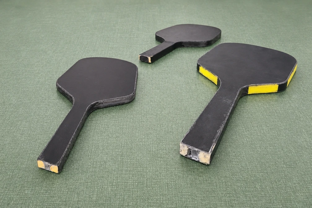 Raw molded carbon fiber pickleball paddle blanks prepared for edge trimming and precision surface sanding