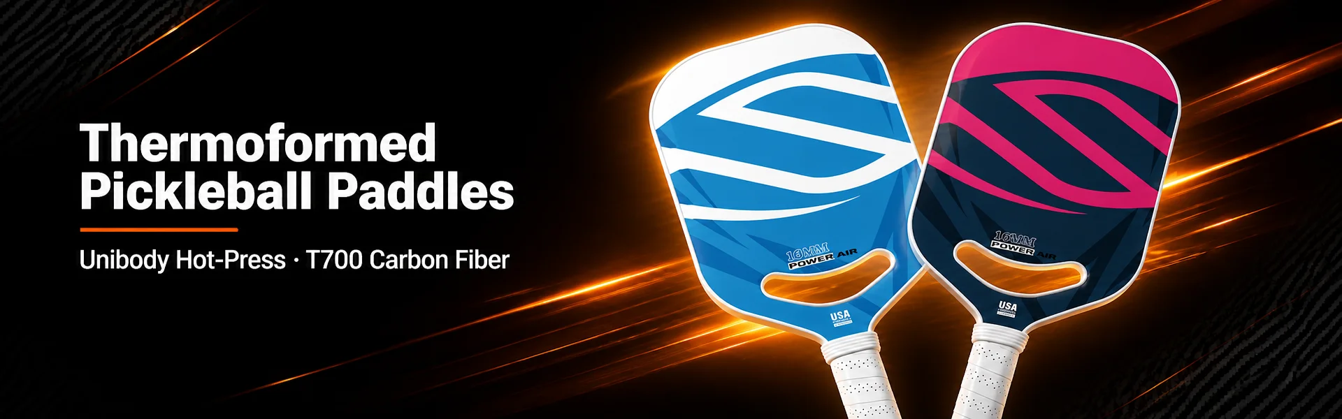 Thermoformed unibody pickleball paddles banner highlighting high-performance Toray T700 carbon fiber and foam core hot-press molding technology