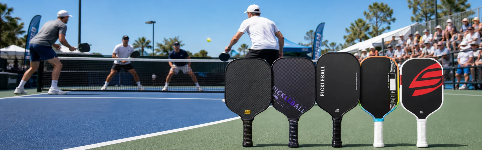 Factory-direct wholesale pickleball paddles catalog banner showcasing thermoformed, cold-press, and carbon fiber paddle product lines for global B2B buyers
